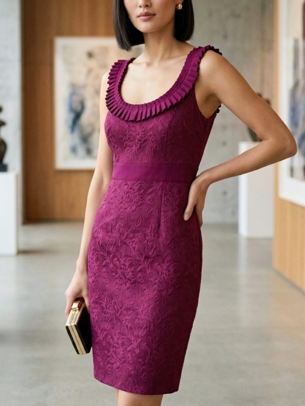 Antonio Melani Size 8 Plum Floral Jacquard Sheath Dress Pleated Neckline